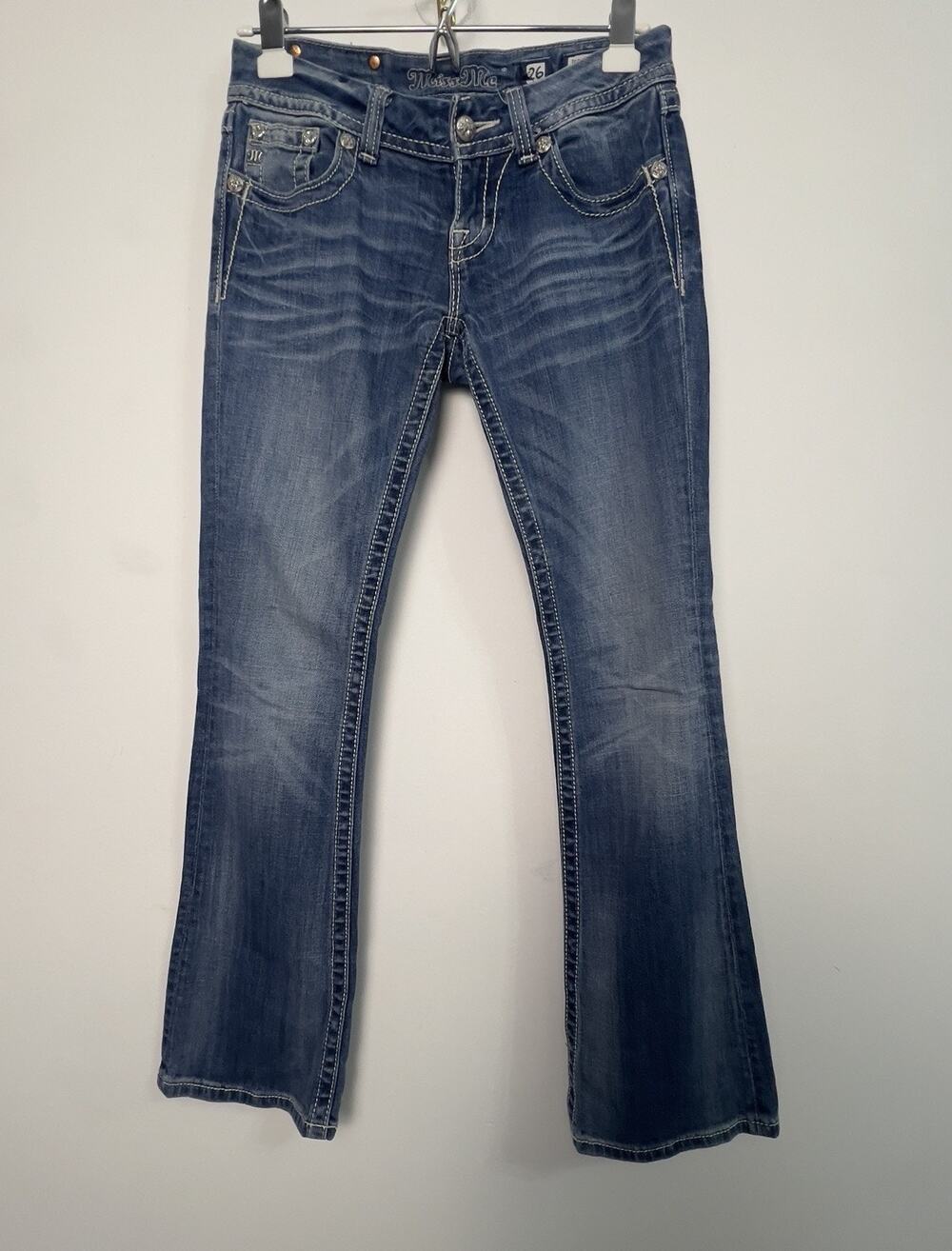 Miss Me Jeans 26 Med Wash JE8013BR Boot Low Rise Crystal Chain Leather